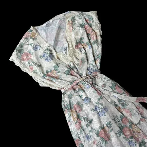 Vintage Nightgown Robe Set 1980s Dreamtime USA Floral Lace Trim Pastel Med? READ - Picture 1 of 10